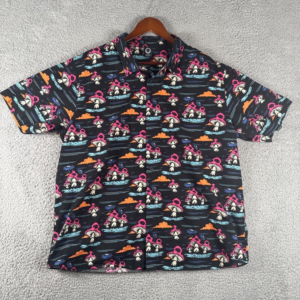 Neff Psychedelic Mushroom‎ Forest Shirt Mens 2XL Black Button Smiley Face Skater